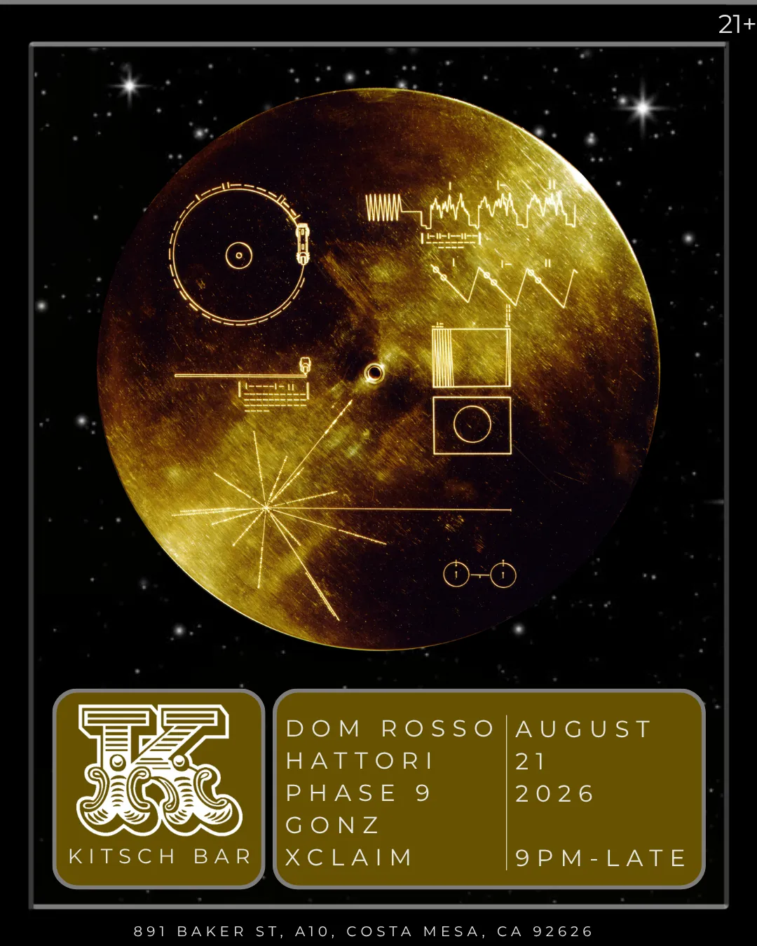 Show flyer on the Voyager golden record: Dom Rosso, Hattori, Phase 9, Gonz, Xclaim. Kitsch Bar, 891 Baker St A10, Costa Mesa, Friday 21 August 2026, 9pm til late, 21+.